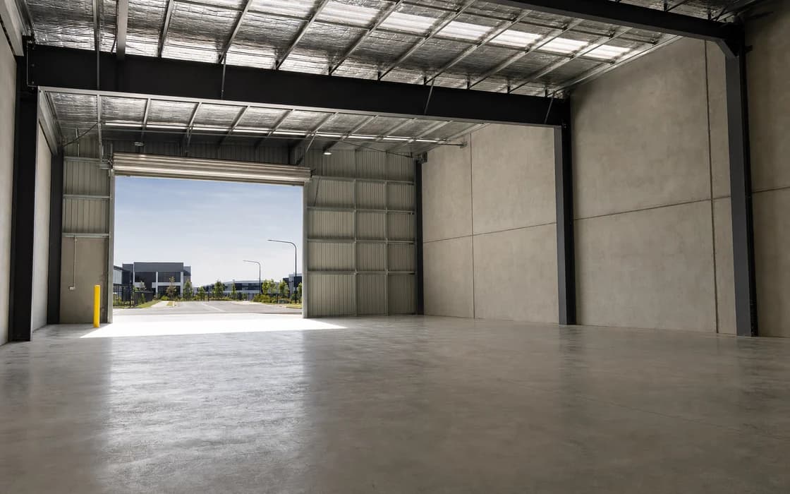 A new industrial tenancy before any fitout, an empty power floated slab running back to an open roller door, precast concrete panel walls and a black steel portal frame with translucent roof sheeting overhead