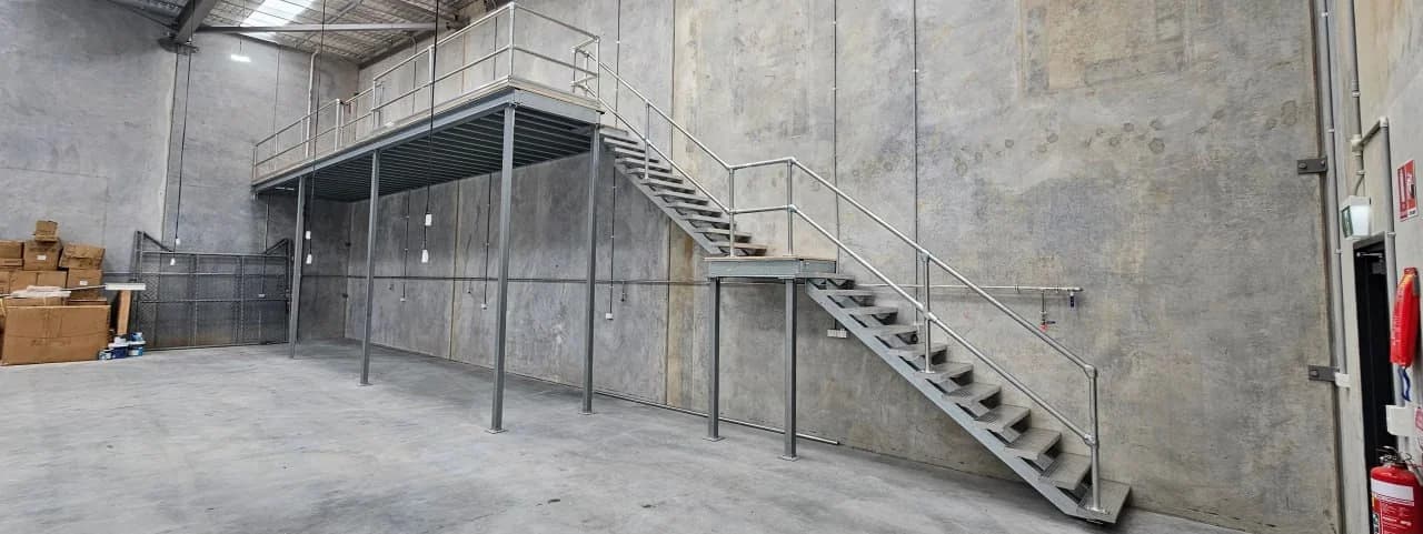 A freestanding steel mezzanine on its own columns with a galvanised access stair and half landing, built against a concrete tilt panel wall in an empty Gold Coast warehouse