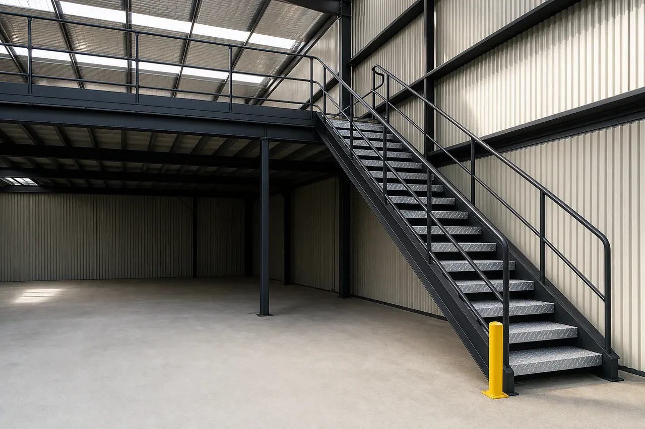 A black steel access staircase inside a warehouse with a continuous handrail running the full flight on both sides and turning along the landing at the top, galvanised checker plate treads and guardrail continuing along the mezzanine deck edge above