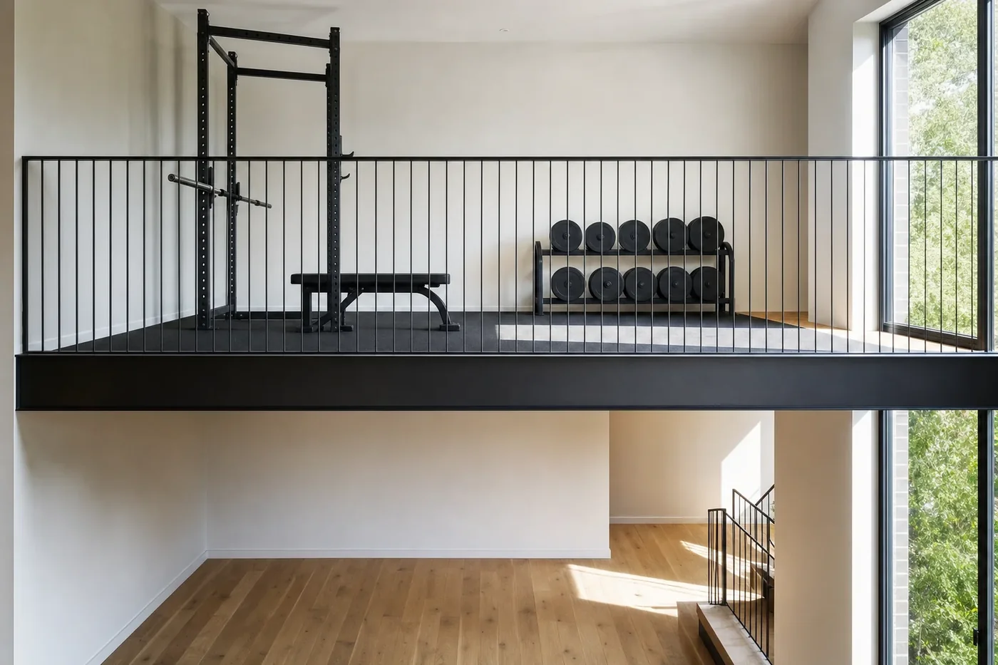 A home gym on a steel mezzanine level in a double height room, with a squat rack, a bench and a rack of weight plates on rubber matting behind a black steel balustrade, and an oak floor below
