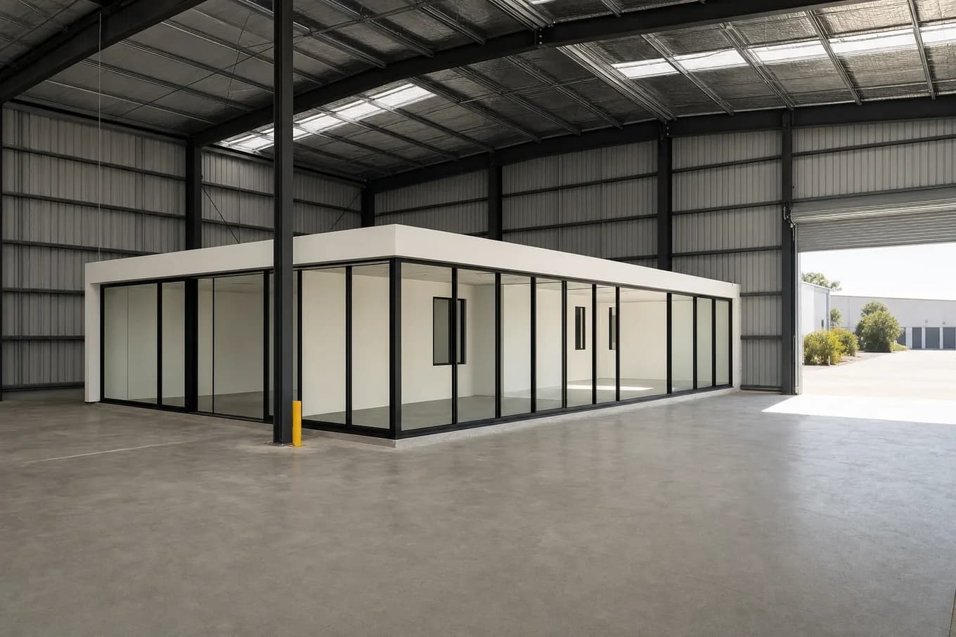 An empty industrial tenancy with a glazed office pod built inside the warehouse shell, black steel portal frame and translucent roof sheeting overhead, a bare concrete slab in front of it and the roller door open to the yard