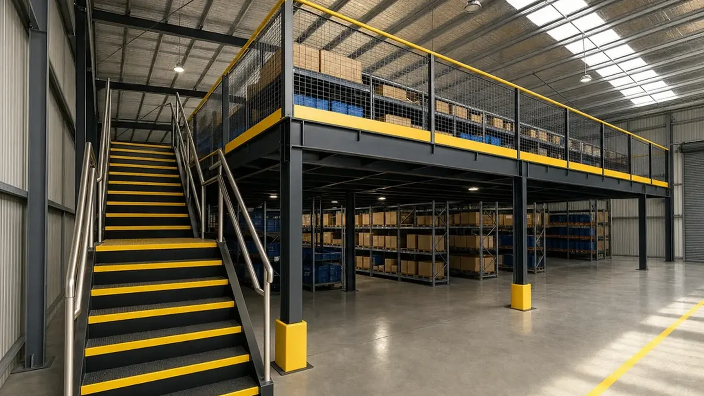 Steel mezzanine floor in a warehouse with a mesh infill guardrail, kick plate and an access stair with handrails to both sides