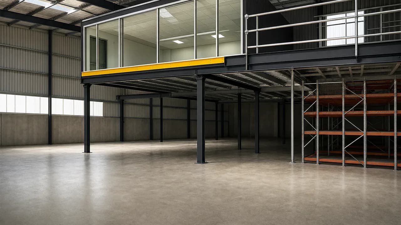 A glazed mezzanine office on a structural steel deck inside a warehouse, with a yellow kick rail along the deck edge, galvanised guardrail beside it and pallet racking on the floor below