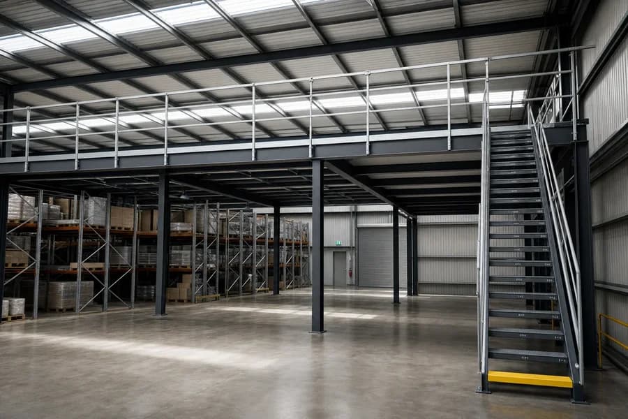 A steel access stair with handrails to both sides running up to a mezzanine deck, guardrail along the deck edge and loaded pallet racking on the warehouse floor beneath