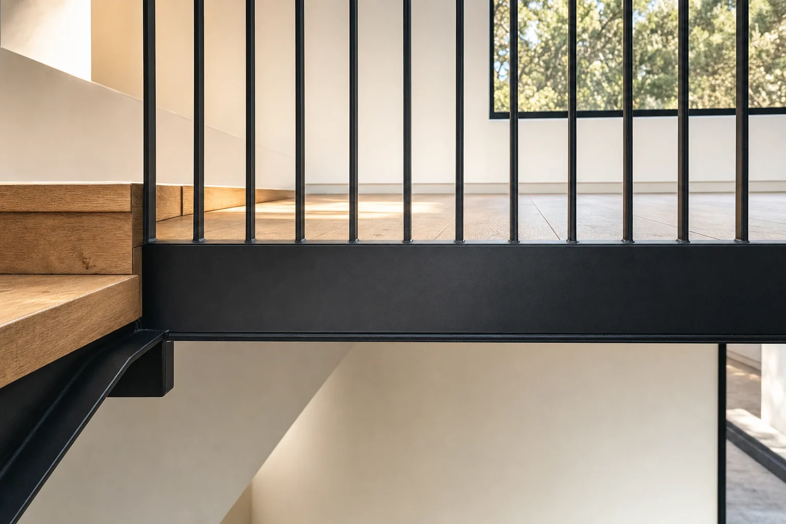 The edge of a residential mezzanine floor, with oak boards running out to a black steel edge beam, a balustrade of slim black bars above it, and oak treads on a black steel stair meeting the deck